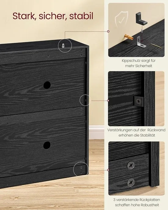 FurnStar -Schoenenkast met 4 Kleppen - Schoenenrek met Verstelbare Schappen - Voor 16-28 Paar - Smal & Ruimtebesparend - Met Kantelbeveiliging - 24 x 105,5 x 82,7 cm - Ebbenhout Zwart