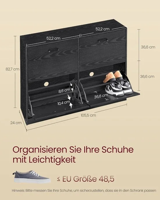 FurnStar -Schoenenkast met 4 Kleppen - Schoenenrek met Verstelbare Schappen - Voor 16-28 Paar - Smal & Ruimtebesparend - Met Kantelbeveiliging - 24 x 105,5 x 82,7 cm - Ebbenhout Zwart