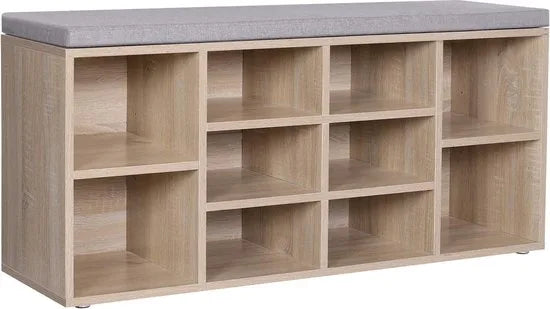 FurnStar - Schoenenkast - Schoenenbank - Schoenenrek - Opbergkast met 10 vakken - Met kussen - Voor entree - 104 x 30 x 48 cm - Lichtbruin