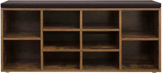 FurnStar - Schoenenkast - Schoenenbank - Schoenenrek - Opbergkast met 10 vakken - Met kussen - Voor entree - 104 x 30 x 48 cm - Lichtbruin – Bruin - zwart