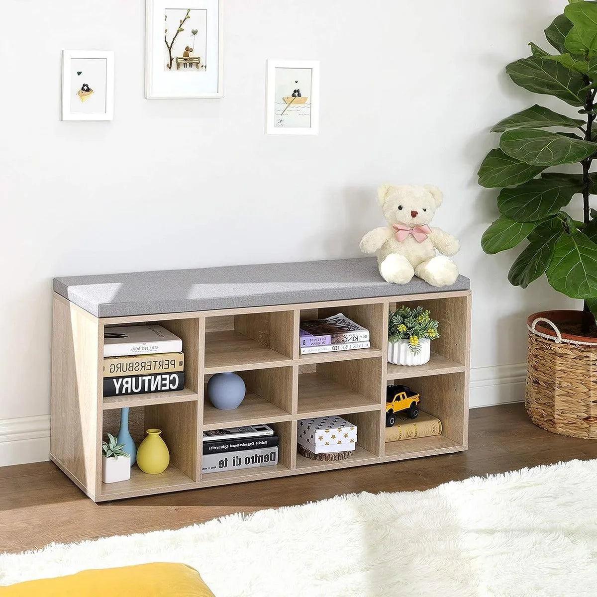 FurnStar - Schoenenkast - Schoenenbank - Schoenenrek - Opbergkast met 10 vakken - Met kussen - Voor entree - 104 x 30 x 48 cm - Lichtbruin