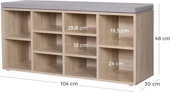 FurnStar - Schoenenkast - Schoenenbank - Schoenenrek - Opbergkast met 10 vakken - Met kussen - Voor entree - 104 x 30 x 48 cm - Lichtbruin