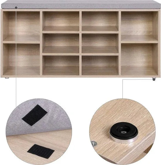 FurnStar - Schoenenkast - Schoenenbank - Schoenenrek - Opbergkast met 10 vakken - Met kussen - Voor entree - 104 x 30 x 48 cm - Lichtbruin