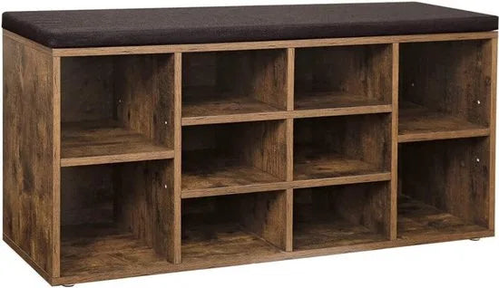 FurnStar - Schoenenkast - Schoenenbank - Schoenenrek - Opbergkast met 10 vakken - Met kussen - Voor entree - 104 x 30 x 48 cm - Lichtbruin – Bruin - zwart