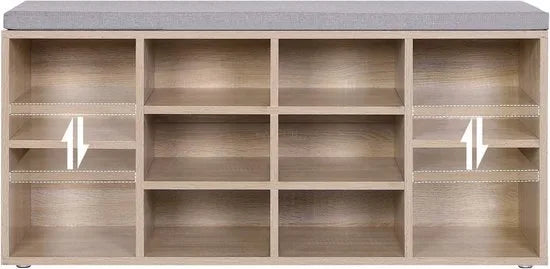 FurnStar - Schoenenkast - Schoenenbank - Schoenenrek - Opbergkast met 10 vakken - Met kussen - Voor entree - 104 x 30 x 48 cm - Lichtbruin