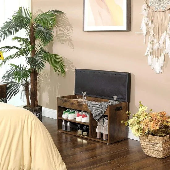 FurnStar - Schoenenkast - Schoenenbank - Schoenenrek - Opbergkast met vakken - Met kussen - Voor entree - 80x44x30 cm - Bruin - Zwart