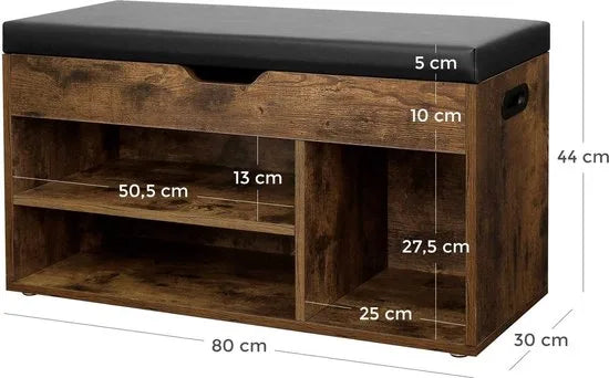 FurnStar - Schoenenkast - Schoenenbank - Schoenenrek - Opbergkast met vakken - Met kussen - Voor entree - 80x44x30 cm - Bruin - Zwart