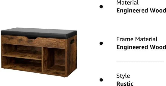 FurnStar - Schoenenkast - Schoenenbank - Schoenenrek - Opbergkast met vakken - Met kussen - Voor entree - 80x44x30 cm - Bruin - Zwart