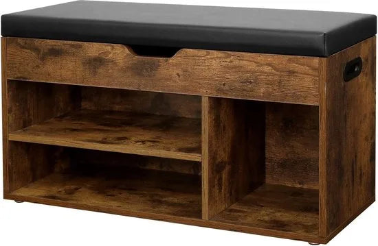FurnStar - Schoenenkast - Schoenenbank - Schoenenrek - Opbergkast met vakken - Met kussen - Voor entree - 80x44x30 cm - Bruin - Zwart