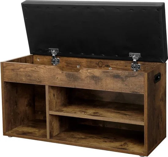 FurnStar - Schoenenkast - Schoenenbank - Schoenenrek - Opbergkast met vakken - Met kussen - Voor entree - 80x44x30 cm - Bruin - Zwart