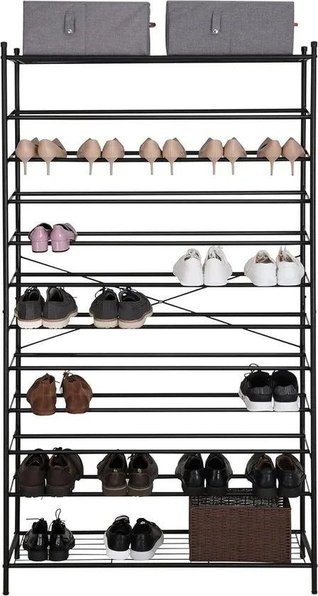 FurnStar Schoenenrek - 12 Lagen - 48 tot 70 Paar Schoenen -XL Schoenenrek - Metaal - 105 x 192 x 37 cm - Zwart