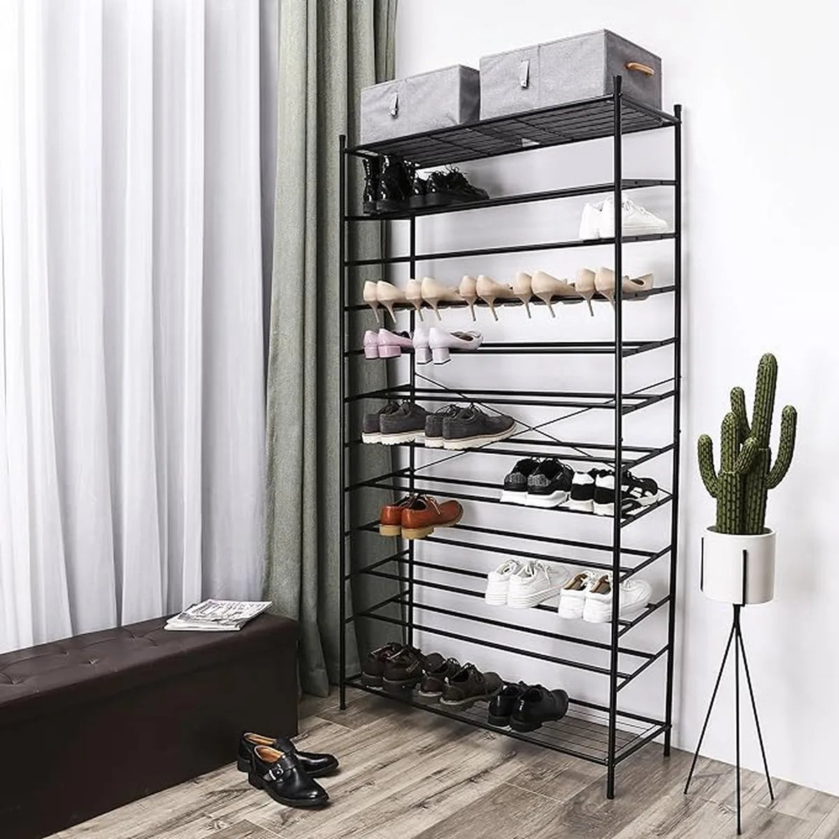FurnStar Schoenenrek - 12 Lagen - 48 tot 70 Paar Schoenen -XL Schoenenrek - Metaal - 105 x 192 x 37 cm - Zwart