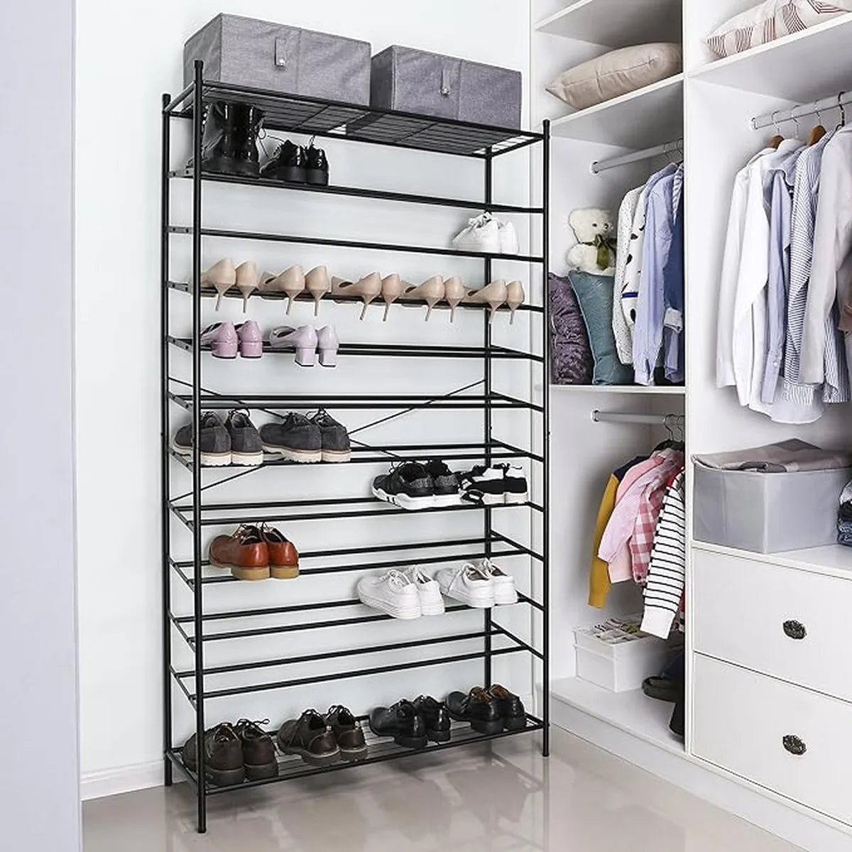 FurnStar Schoenenrek - 12 Lagen - 48 tot 70 Paar Schoenen -XL Schoenenrek - Metaal - 105 x 192 x 37 cm - Zwart