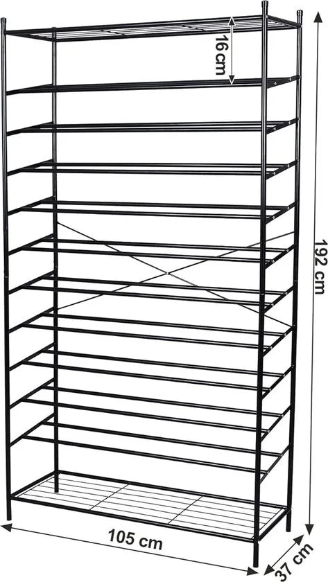 FurnStar Schoenenrek - 12 Lagen - 48 tot 70 Paar Schoenen -XL Schoenenrek - Metaal - 105 x 192 x 37 cm - Zwart