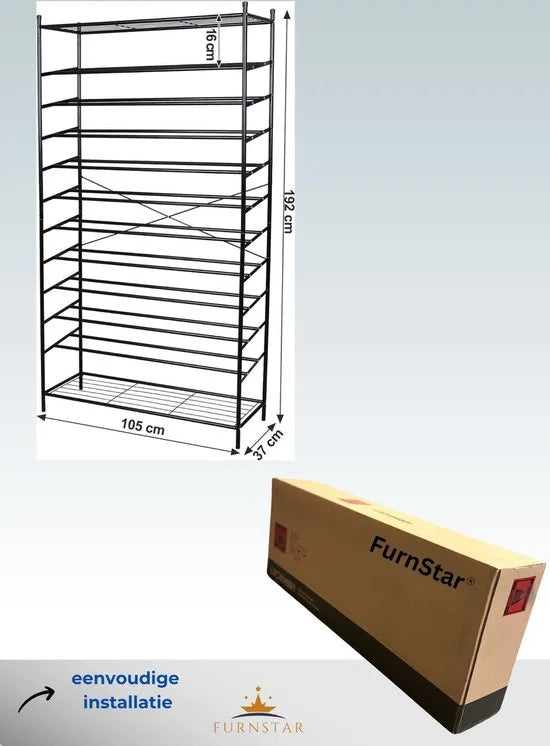 FurnStar Schoenenrek - 12 Lagen - 48 tot 70 Paar Schoenen -XL Schoenenrek - Metaal - 105 x 192 x 37 cm - Zwart