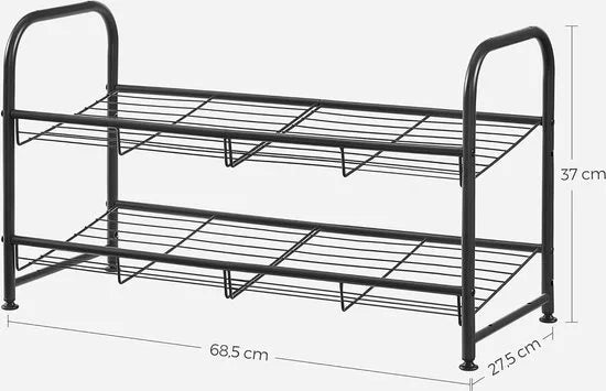 FurnStar - Schoenenrek - 2-laags stapelbaar schoenenrek - metalen schoenenorganizer met verstelbare platte of schuine planken - 27.5 x 68.5 x 37 cm - zwart
