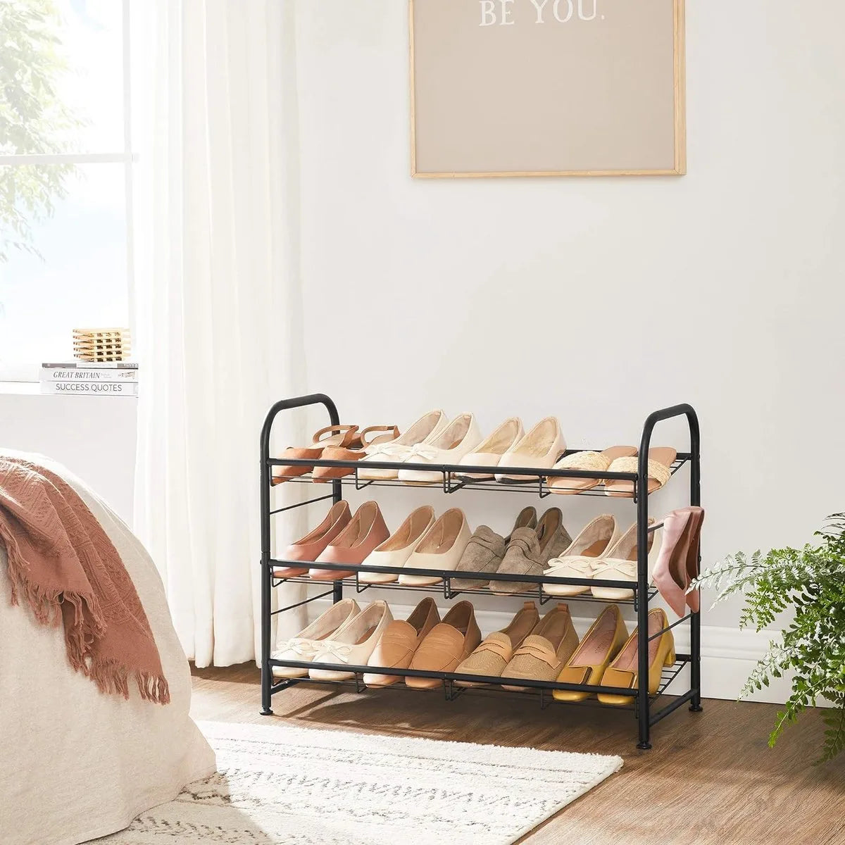 FurnStar - Schoenenrek - 2-laags stapelbaar schoenenrek - metalen schoenenorganizer met verstelbare platte of schuine planken - 68,5 x 27,5 x 49,5 cm - zwart