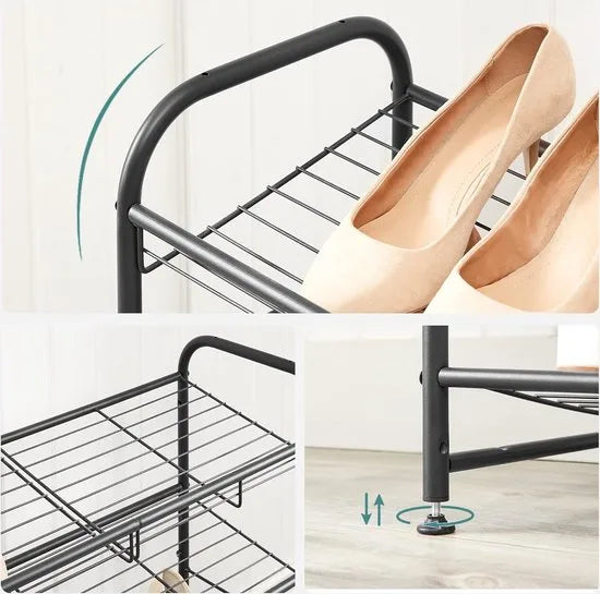 FurnStar - Schoenenrek - 2-laags stapelbaar schoenenrek - metalen schoenenorganizer met verstelbare platte of schuine planken - 27.5 x 68.5 x 37 cm - zwart