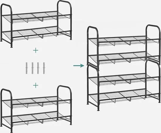 FurnStar - Schoenenrek - 2-laags stapelbaar schoenenrek - metalen schoenenorganizer met verstelbare platte of schuine planken - 68,5 x 27,5 x 49,5 cm - zwart – 27.5 x 68.5 x 37cm