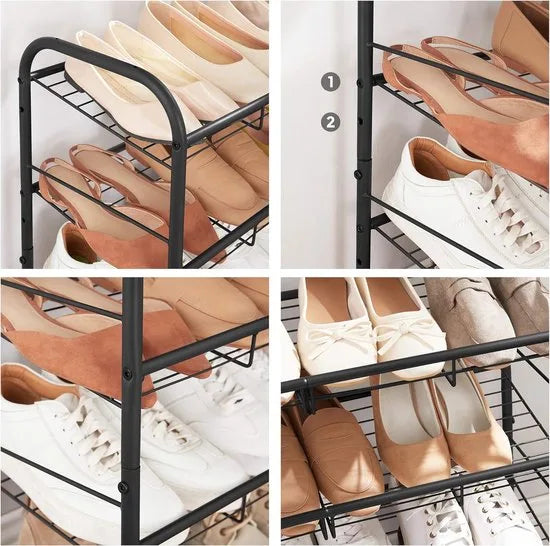 FurnStar - Schoenenrek - 2-laags stapelbaar schoenenrek - metalen schoenenorganizer met verstelbare platte of schuine planken - 68,5 x 27,5 x 49,5 cm - zwart