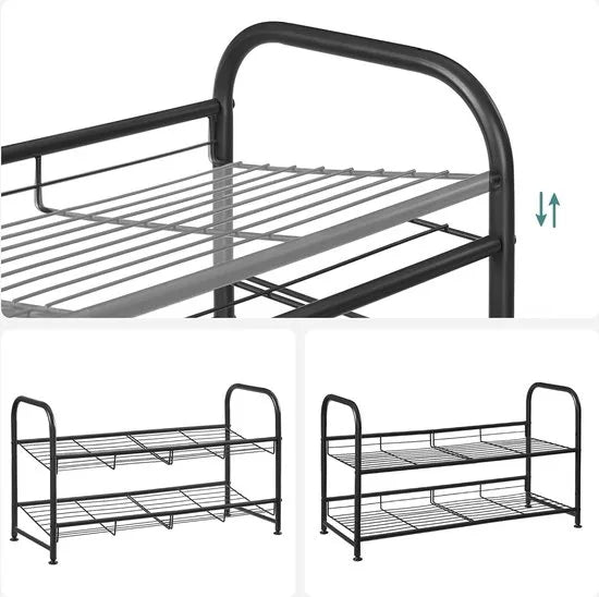 FurnStar - Schoenenrek - 2-laags stapelbaar schoenenrek - metalen schoenenorganizer met verstelbare platte of schuine planken - 68,5 x 27,5 x 49,5 cm - zwart – 27.5 x 68.5 x 37cm