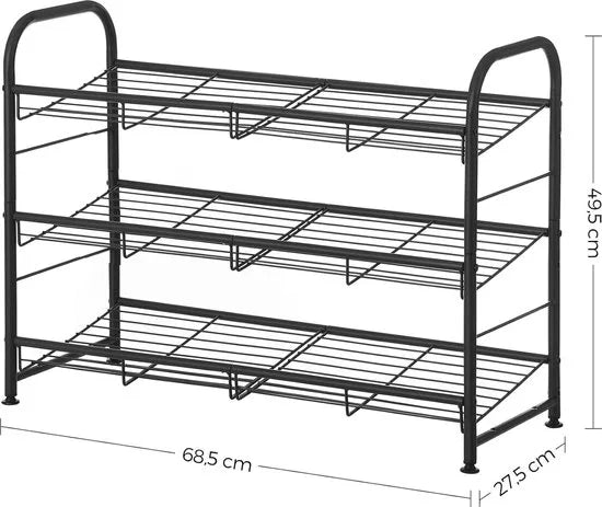 FurnStar - Schoenenrek - 2-laags stapelbaar schoenenrek - metalen schoenenorganizer met verstelbare platte of schuine planken - 68,5 x 27,5 x 49,5 cm - zwart