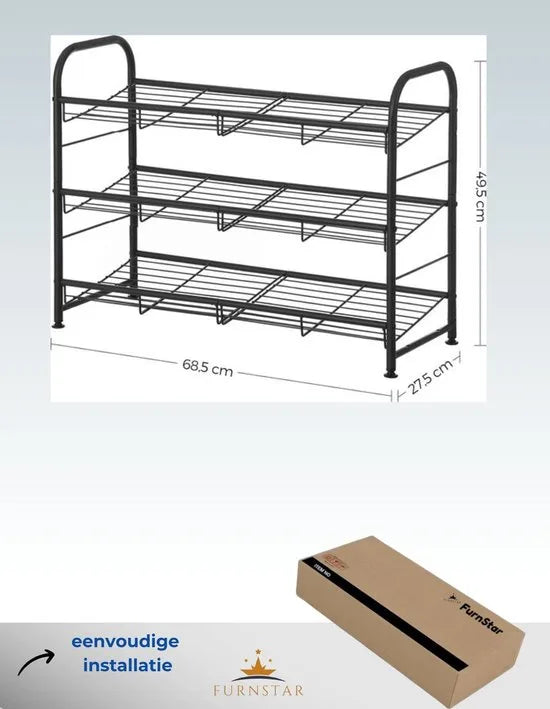 FurnStar - Schoenenrek - 2-laags stapelbaar schoenenrek - metalen schoenenorganizer met verstelbare platte of schuine planken - 68,5 x 27,5 x 49,5 cm - zwart