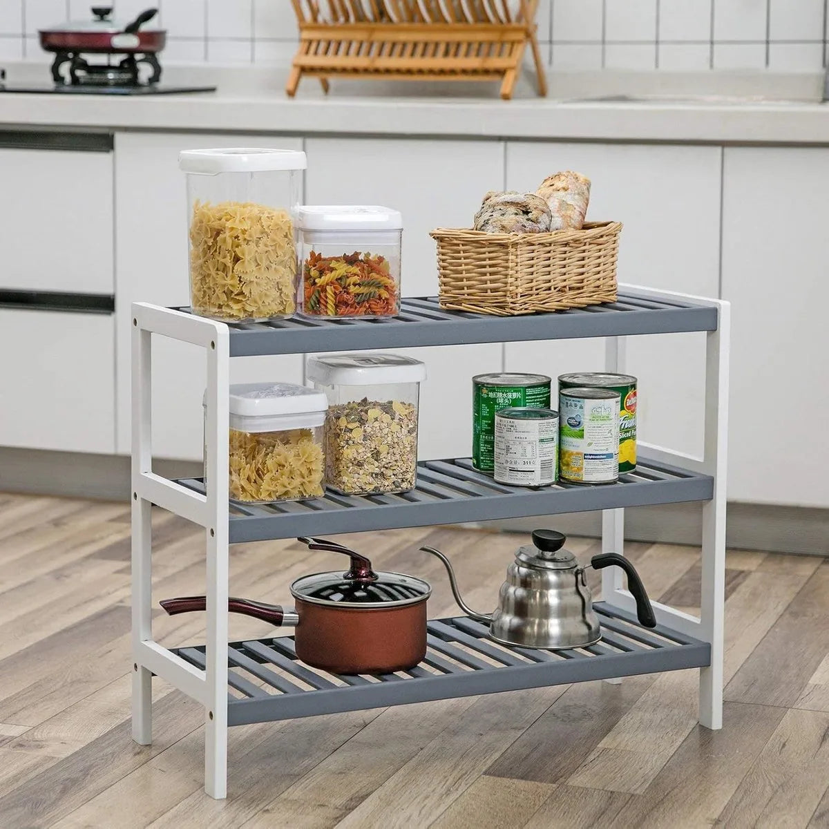 Furnstar Schoenenrek – 3 Laags Bamboe Schoenenrek – 70 x 26 x 55 cm – Voor Entree, Badkamer & Woonkamer – Wit & Grijs