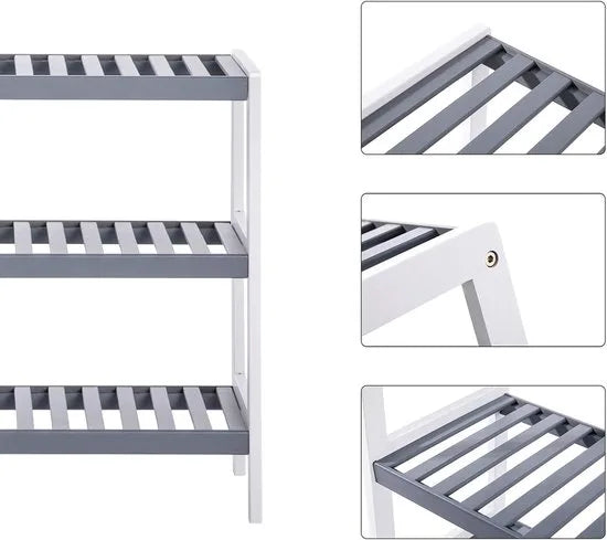 Furnstar Schoenenrek – 3 Laags Bamboe Schoenenrek – 70 x 26 x 55 cm – Voor Entree, Badkamer & Woonkamer – Wit & Grijs