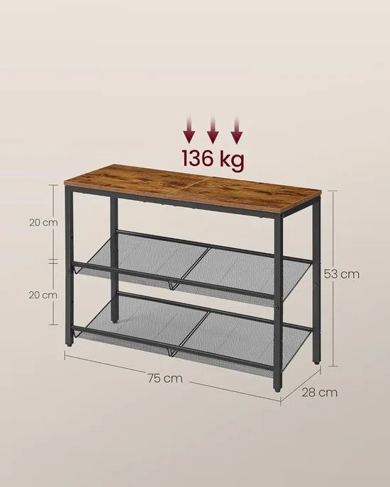 Furnstar Schoenenrek – 3-Laags Schoenenrek voor Entree – Met Brede Bovenplank & Verstelbare Gaasplanken – Smal Halmeubel – Vintage Bruin & Inktzwart