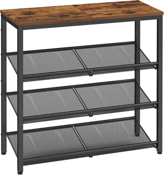 Furnstar - Schoenenrek - 4-laags schoenenopslag met planken en grote top - Verstelbare mesh-planken - Ruimtebesparend voor entree en hal - Staal - Industrieel - Rustiek bruin Inktzwart