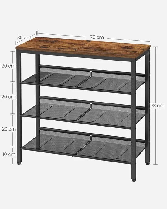 Furnstar - Schoenenrek - 4-laags schoenenopslag met planken en grote top - Verstelbare mesh-planken - Ruimtebesparend voor entree en hal - Staal - Industrieel - Rustiek bruin Inktzwart