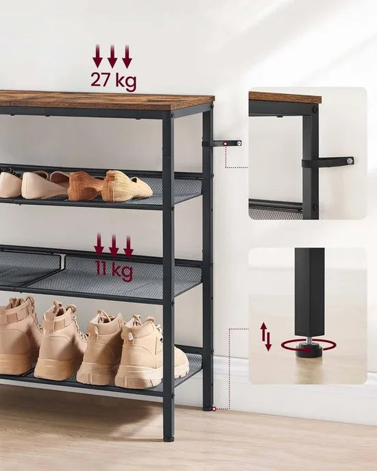 Furnstar - Schoenenrek - 4-laags schoenenopslag met planken en grote top - Verstelbare mesh-planken - Ruimtebesparend voor entree en hal - Staal - Industrieel - Rustiek bruin Inktzwart