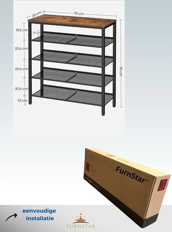FurnStar - schoenenrek - 4 Planken - 93×75×30cm - Bruin
