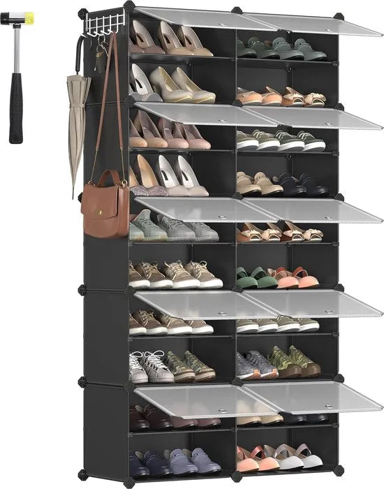FurnStar - Schoenenrek met 10 Vakken - Schoenenkast - 30 x 40 x 30 cm per Vak - Smal - met Deuren - Stalen Frame - Kunststof - Voor Hal - Slaapkamer - Entree - Zwart