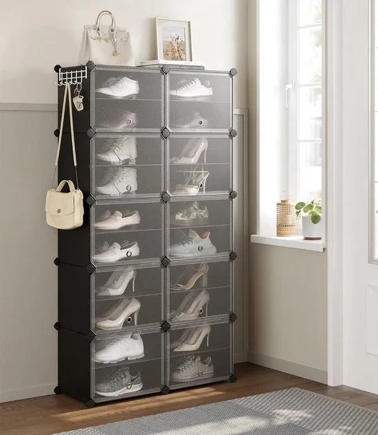 FurnStar - Schoenenrek met 10 Vakken - Schoenenkast - 30 x 40 x 30 cm per Vak - Smal - met Deuren - Stalen Frame - Kunststof - Voor Hal - Slaapkamer - Entree - Zwart