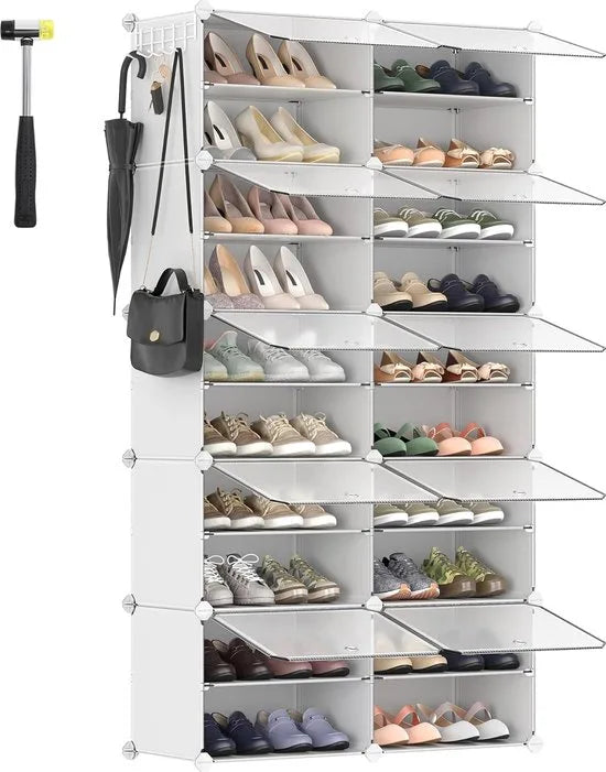 FurnStar - Schoenenrek met 10 vakken - schoenenkast - 30 x 40 x 30 cm per vak - smal - met deuren - stalen frame - kunststof - voor hal - slaapkamer - entree - wit