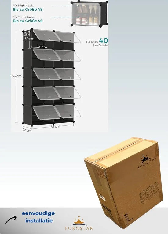 FurnStar - Schoenenrek met 10 Vakken - Schoenenkast - 30 x 40 x 30 cm per Vak - Smal - met Deuren - Stalen Frame - Kunststof - Voor Hal - Slaapkamer - Entree - Zwart