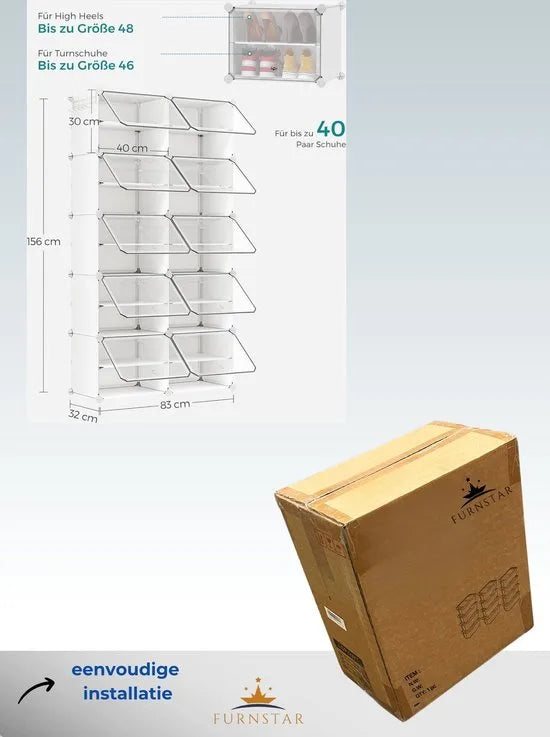 FurnStar - Schoenenrek met 10 vakken - schoenenkast - 30 x 40 x 30 cm per vak - smal - met deuren - stalen frame - kunststof - voor hal - slaapkamer - entree - wit