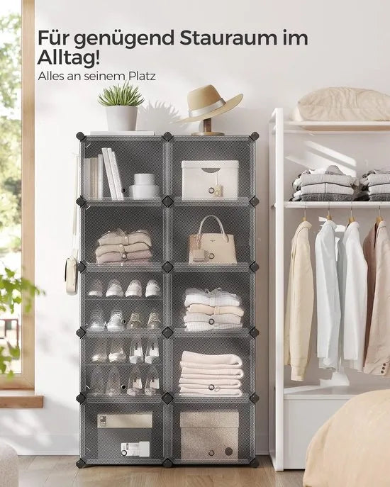 FurnStar - Schoenenrek met 10 Vakken - Schoenenkast - 30 x 40 x 30 cm per Vak - Smal - met Deuren - Stalen Frame - Kunststof - Voor Hal - Slaapkamer - Entree - Zwart
