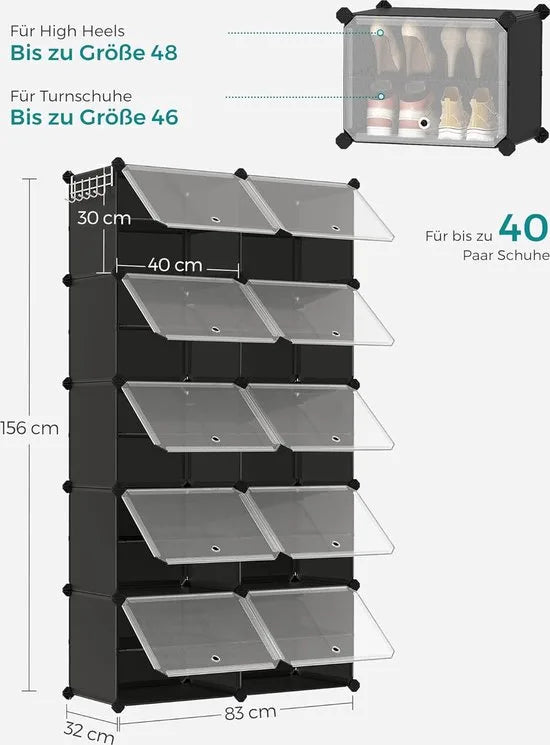 FurnStar - Schoenenrek met 10 Vakken - Schoenenkast - 30 x 40 x 30 cm per Vak - Smal - met Deuren - Stalen Frame - Kunststof - Voor Hal - Slaapkamer - Entree - Zwart