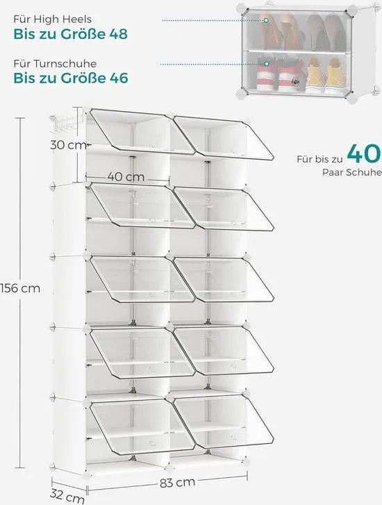 FurnStar - Schoenenrek met 10 vakken - schoenenkast - 30 x 40 x 30 cm per vak - smal - met deuren - stalen frame - kunststof - voor hal - slaapkamer - entree - wit