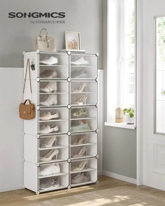 FurnStar - Schoenenrek met 10 vakken - schoenenkast - 30 x 40 x 30 cm per vak - smal - met deuren - stalen frame - kunststof - voor hal - slaapkamer - entree - wit