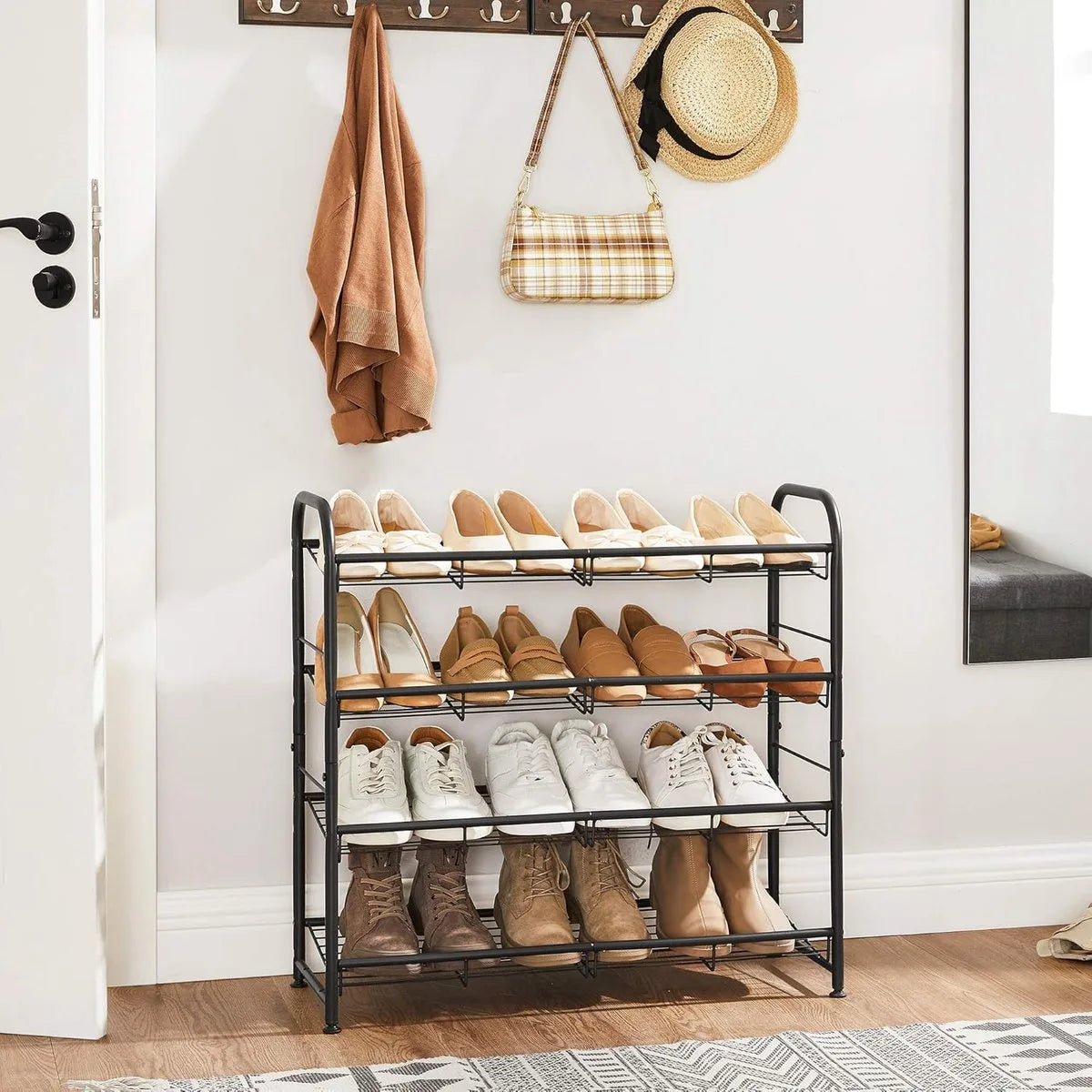 FurnStar - Schoenenrek met 4 niveaus, stapelbaar opbergrek, tot 16 paar, metaal, 68,5 x 27,5 x 65 cm, voor hoge hakken, sneakers, pantoffels, in de entree, zwart
