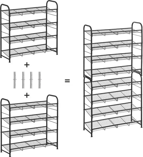 FurnStar - Schoenenrek met 4 niveaus, stapelbaar opbergrek, tot 16 paar, metaal, 68,5 x 27,5 x 65 cm, voor hoge hakken, sneakers, pantoffels, in de entree, zwart
