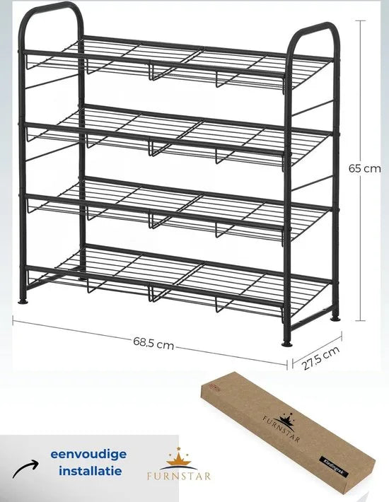 FurnStar - Schoenenrek met 4 niveaus, stapelbaar opbergrek, tot 16 paar, metaal, 68,5 x 27,5 x 65 cm, voor hoge hakken, sneakers, pantoffels, in de entree, zwart