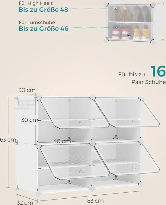 FurnStar - Schoenenrek met 4 vakken - schoenenkast - 30 x 40 x 30 cm per vak - smal - met deuren - stalen frame - kunststof - voor hal - slaapkamer - entree - wit