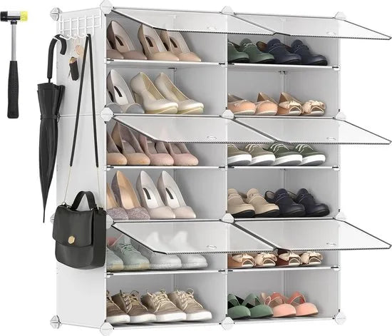 FurnStar - Schoenenrek met 6 vakken - schoenenkast - 30 x 40 x 30 cm per vak - smal - met deuren - stalen frame - kunststof - voor hal - slaapkamer - entree - wit