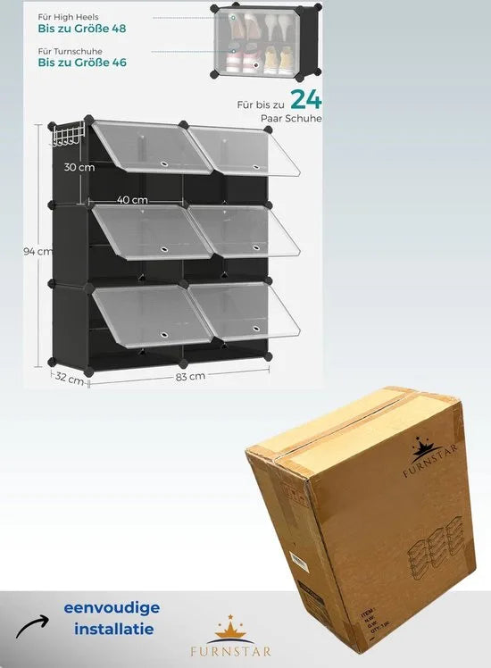 FurnStar - Schoenenrek met 6 vakken - schoenenkast - 30 x 40 x 30 cm per vak - smal - met deuren - stalen frame - kunststof - voor hal - slaapkamer - entree - zwart