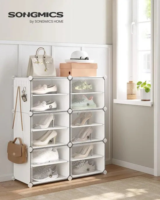 FurnStar - Schoenenrek met 6 vakken - schoenenkast - 30 x 40 x 30 cm per vak - smal - met deuren - stalen frame - kunststof - voor hal - slaapkamer - entree - wit